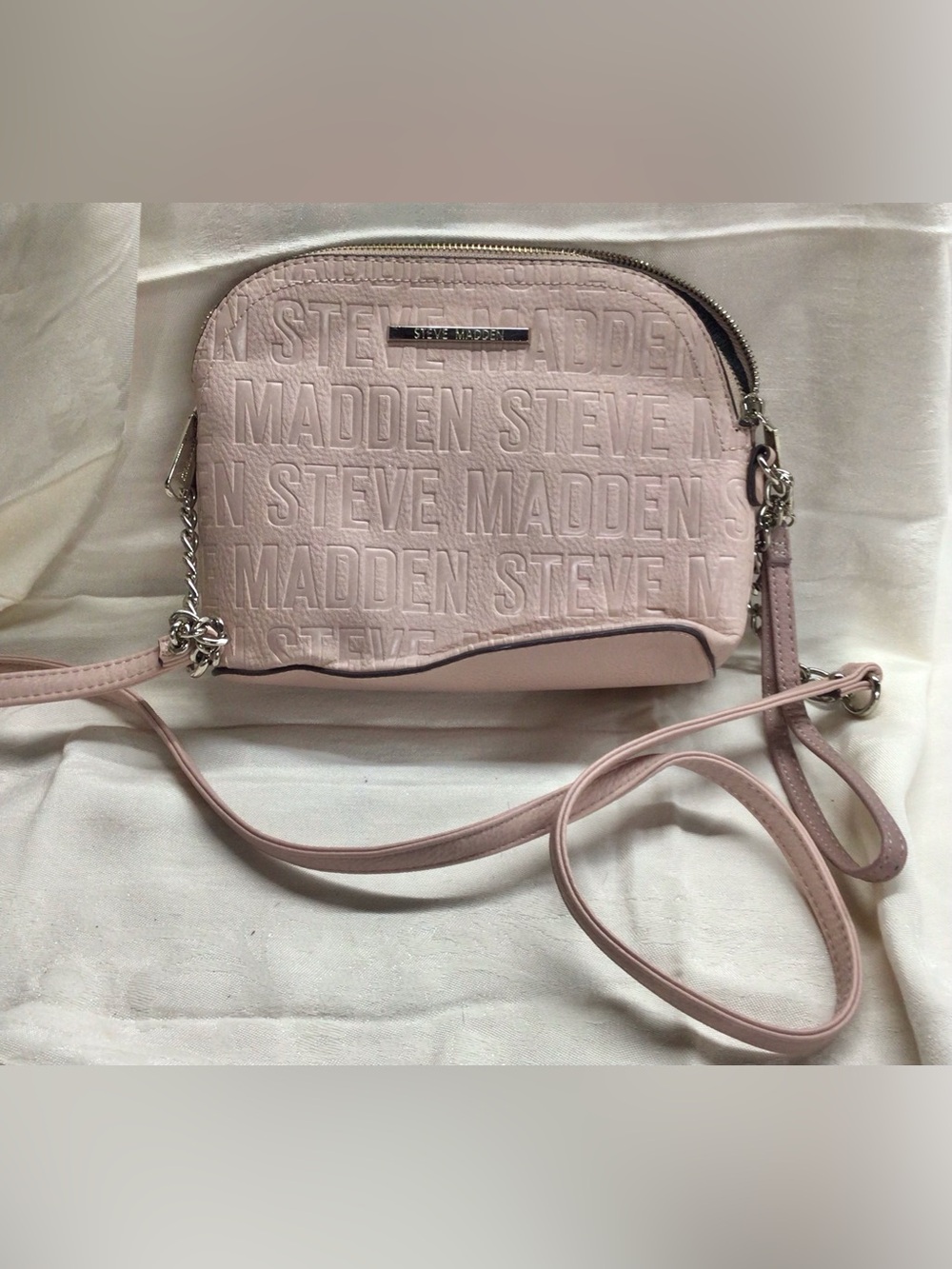 Steve Madden Blush Pink Embossed Logo Crossbody Bag Silver Chain Strap